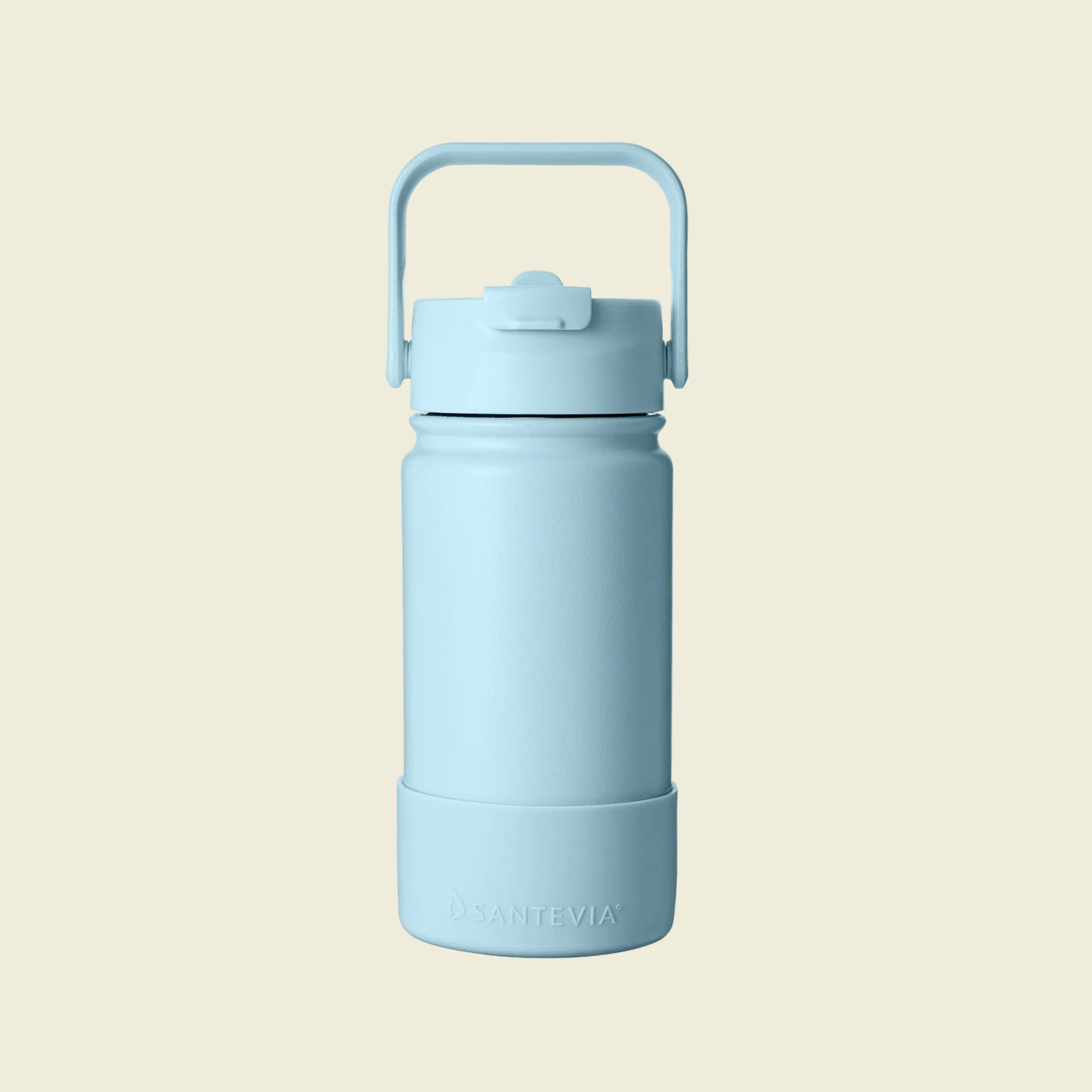 A light blue insulated water bottle with a matching carrying loop lid, shown on a solid white background. The brand name 'SANTEVIA' is subtly embossed near the bottom.